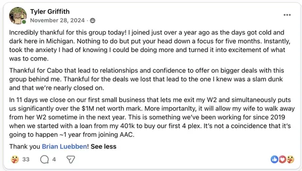Tyler Griffith’s Facebook post about his first small business